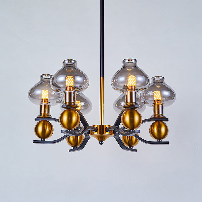 Simplicity Jar Shape Hanging Chandelier Smoke Gray Glass 6/8-Bulb Living Room Down Lighting with Curved Arm in Black and Gold Clearhalo 'Ceiling Lights' 'Chandeliers' 'Glass shade' 'Glass' 'Modern Chandeliers' 'Modern' Lighting' 1398904