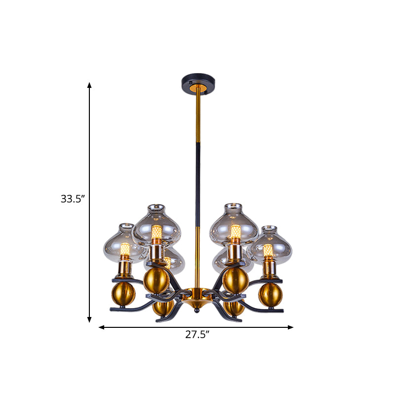 Simplicity Jar Shape Hanging Chandelier Smoke Gray Glass 6/8-Bulb Living Room Down Lighting with Curved Arm in Black and Gold Clearhalo 'Ceiling Lights' 'Chandeliers' 'Glass shade' 'Glass' 'Modern Chandeliers' 'Modern' Lighting' 1398905