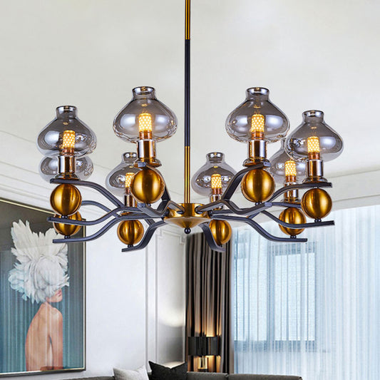 Simplicity Jar Shape Hanging Chandelier Smoke Gray Glass 6/8-Bulb Living Room Down Lighting with Curved Arm in Black and Gold 8 Black-Gold Clearhalo 'Ceiling Lights' 'Chandeliers' 'Glass shade' 'Glass' 'Modern Chandeliers' 'Modern' Lighting' 1398906