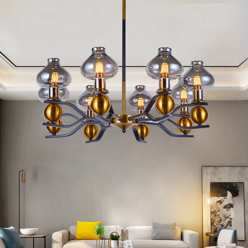 Simplicity Jar Shape Hanging Chandelier Smoke Gray Glass 6/8-Bulb Living Room Down Lighting with Curved Arm in Black and Gold Clearhalo 'Ceiling Lights' 'Chandeliers' 'Glass shade' 'Glass' 'Modern Chandeliers' 'Modern' Lighting' 1398907