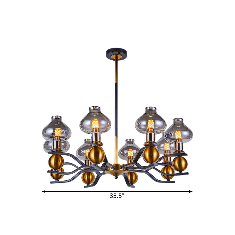 Simplicity Jar Shape Hanging Chandelier Smoke Gray Glass 6/8-Bulb Living Room Down Lighting with Curved Arm in Black and Gold Clearhalo 'Ceiling Lights' 'Chandeliers' 'Glass shade' 'Glass' 'Modern Chandeliers' 'Modern' Lighting' 1398910