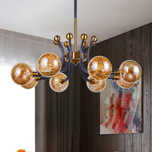 Amber Glass Global Pendant Lamp Minimalism 8/9 Heads Black-Gold Curvy Arm Ceiling Chandelier Clearhalo 'Ceiling Lights' 'Chandeliers' 'Close To Ceiling Lights' 'Glass shade' 'Glass' 'Modern Chandeliers' 'Modern' Lighting' 1398912