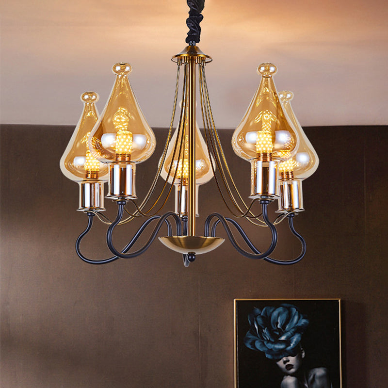 Black-Gold Teardrop Chandelier Lamp Post Modern 5/8 Lights Amber Glass Suspension Lighting for Dining Room 5 Black-Gold Clearhalo 'Ceiling Lights' 'Chandeliers' 'Glass shade' 'Glass' 'Modern Chandeliers' 'Modern' Lighting' 1398928