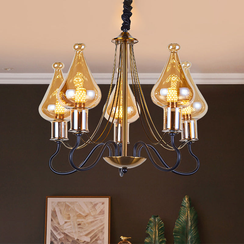 Black-Gold Teardrop Chandelier Lamp Post Modern 5/8 Lights Amber Glass Suspension Lighting for Dining Room Clearhalo 'Ceiling Lights' 'Chandeliers' 'Glass shade' 'Glass' 'Modern Chandeliers' 'Modern' Lighting' 1398929