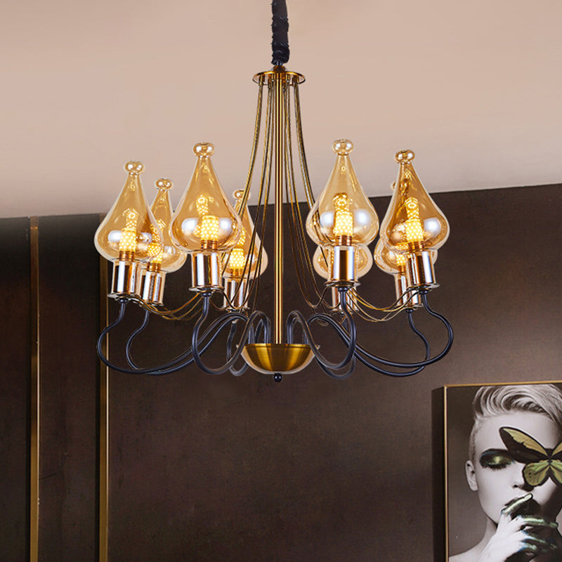 Black-Gold Teardrop Chandelier Lamp Post Modern 5/8 Lights Amber Glass Suspension Lighting for Dining Room Clearhalo 'Ceiling Lights' 'Chandeliers' 'Glass shade' 'Glass' 'Modern Chandeliers' 'Modern' Lighting' 1398933