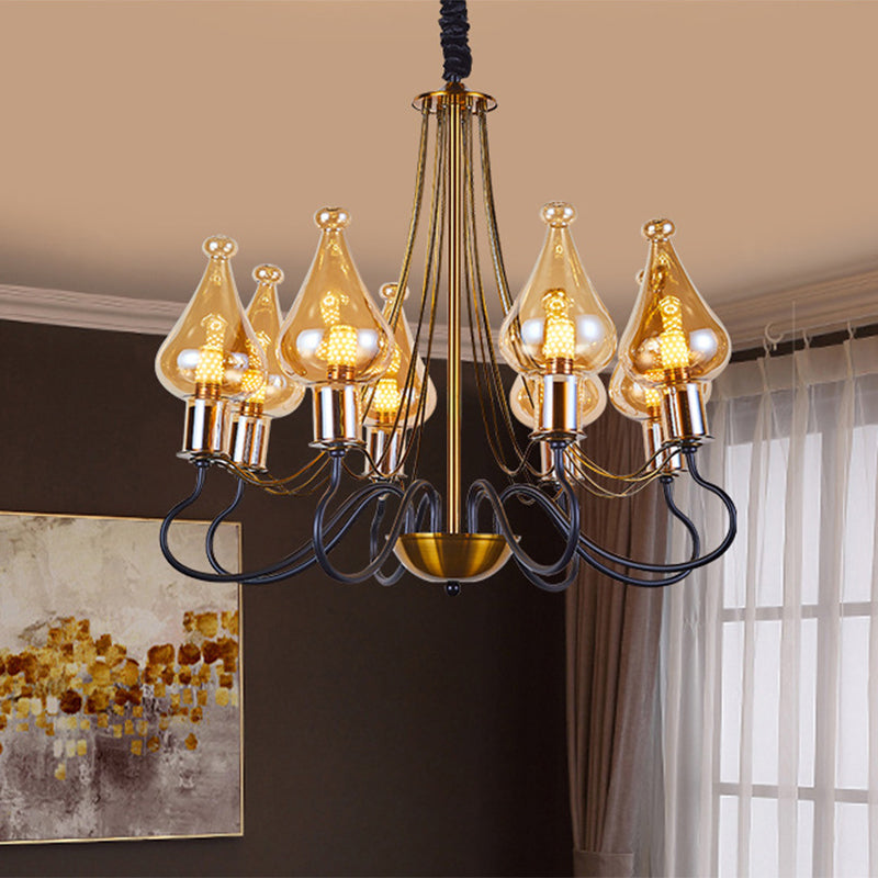 Black-Gold Teardrop Chandelier Lamp Post Modern 5/8 Lights Amber Glass Suspension Lighting for Dining Room Clearhalo 'Ceiling Lights' 'Chandeliers' 'Glass shade' 'Glass' 'Modern Chandeliers' 'Modern' Lighting' 1398934