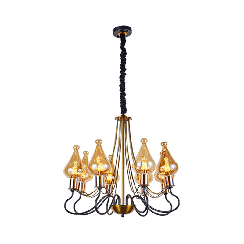 Black-Gold Teardrop Chandelier Lamp Post Modern 5/8 Lights Amber Glass Suspension Lighting for Dining Room Clearhalo 'Ceiling Lights' 'Chandeliers' 'Glass shade' 'Glass' 'Modern Chandeliers' 'Modern' Lighting' 1398935