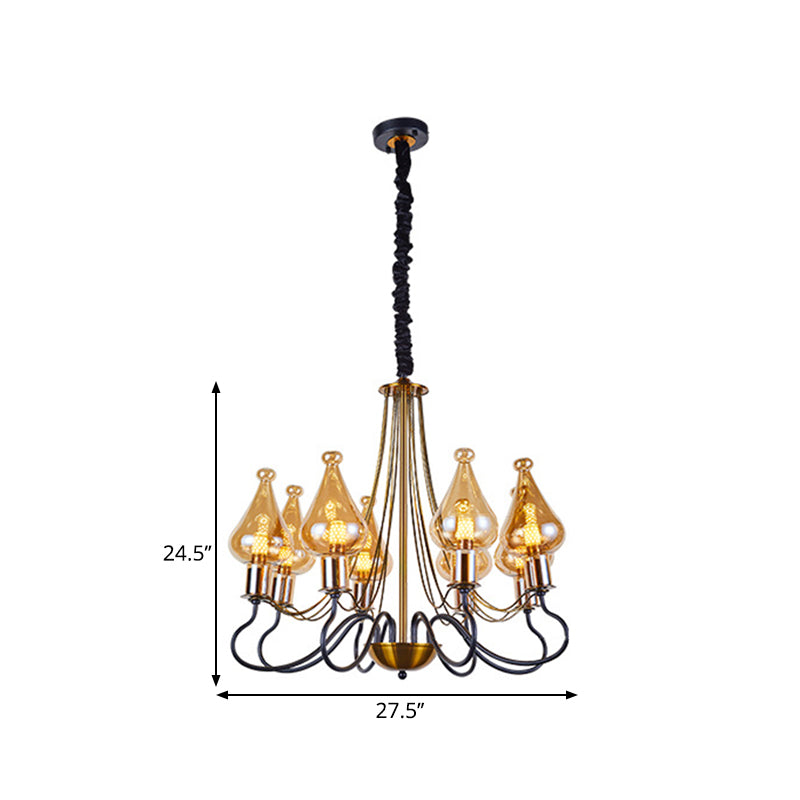 Black-Gold Teardrop Chandelier Lamp Post Modern 5/8 Lights Amber Glass Suspension Lighting for Dining Room Clearhalo 'Ceiling Lights' 'Chandeliers' 'Glass shade' 'Glass' 'Modern Chandeliers' 'Modern' Lighting' 1398936