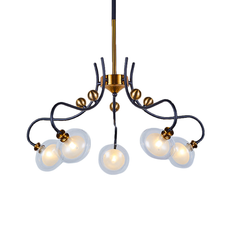 Post Modern Ball Pendant Chandelier Clear Glass 5/9 Heads Living Room 1/2-Tier Pendulum Light with Swooping Arm in Black and Gold Clearhalo 'Ceiling Lights' 'Chandeliers' 'Glass shade' 'Glass' 'Modern Chandeliers' 'Modern' Lighting' 1398965