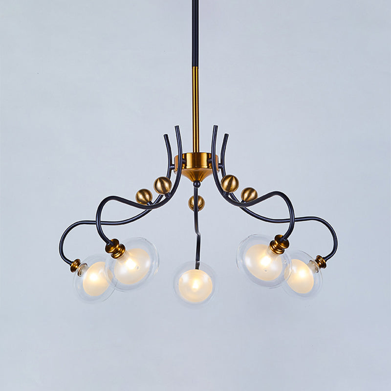 Post Modern Ball Pendant Chandelier Clear Glass 5/9 Heads Living Room 1/2-Tier Pendulum Light with Swooping Arm in Black and Gold Clearhalo 'Ceiling Lights' 'Chandeliers' 'Glass shade' 'Glass' 'Modern Chandeliers' 'Modern' Lighting' 1398966
