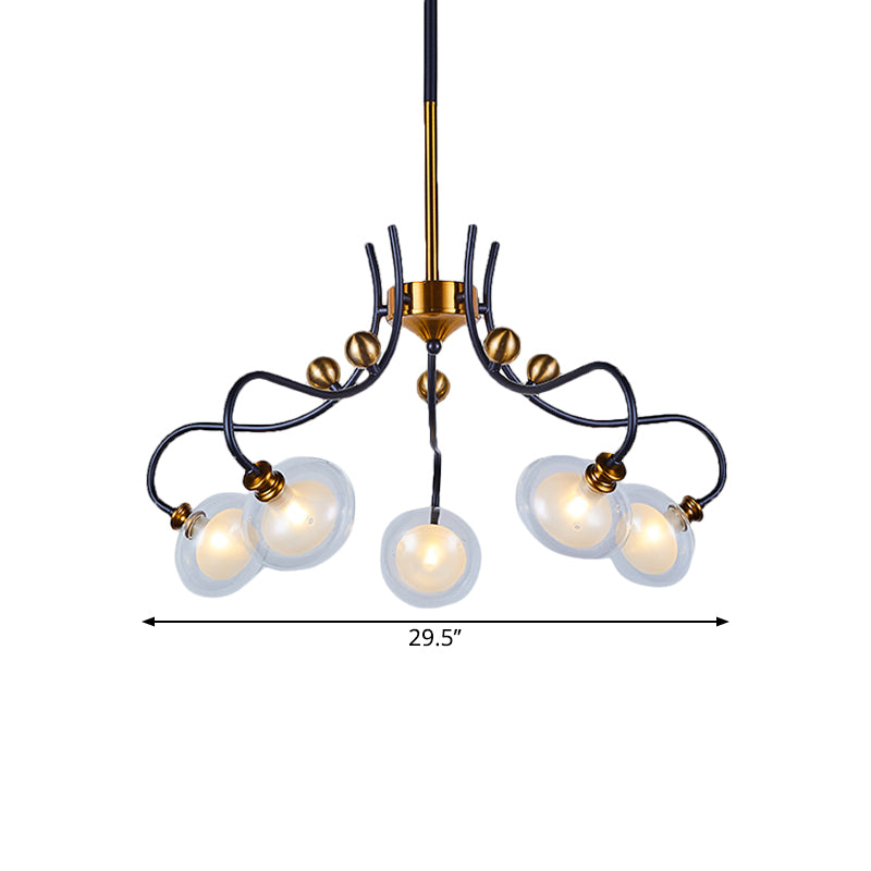Post Modern Ball Pendant Chandelier Clear Glass 5/9 Heads Living Room 1/2-Tier Pendulum Light with Swooping Arm in Black and Gold Clearhalo 'Ceiling Lights' 'Chandeliers' 'Glass shade' 'Glass' 'Modern Chandeliers' 'Modern' Lighting' 1398967