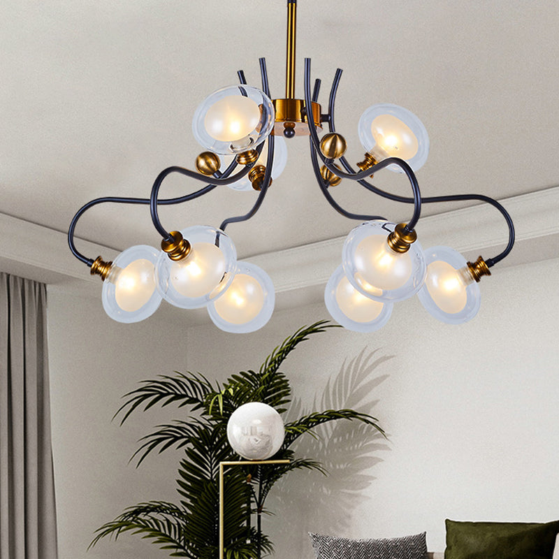 Post Modern Ball Pendant Chandelier Clear Glass 5/9 Heads Living Room 1/2-Tier Pendulum Light with Swooping Arm in Black and Gold 9 Black-Gold Clearhalo 'Ceiling Lights' 'Chandeliers' 'Glass shade' 'Glass' 'Modern Chandeliers' 'Modern' Lighting' 1398968