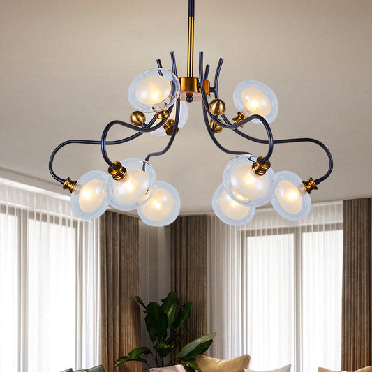 Post Modern Ball Pendant Chandelier Clear Glass 5/9 Heads Living Room 1/2-Tier Pendulum Light with Swooping Arm in Black and Gold Clearhalo 'Ceiling Lights' 'Chandeliers' 'Glass shade' 'Glass' 'Modern Chandeliers' 'Modern' Lighting' 1398969