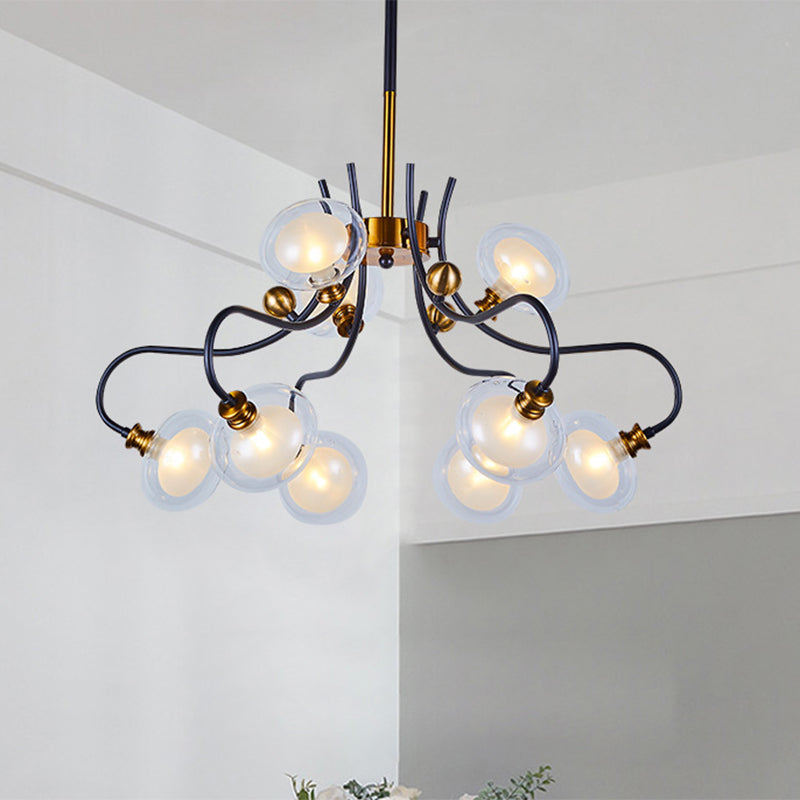 Post Modern Ball Pendant Chandelier Clear Glass 5/9 Heads Living Room 1/2-Tier Pendulum Light with Swooping Arm in Black and Gold Clearhalo 'Ceiling Lights' 'Chandeliers' 'Glass shade' 'Glass' 'Modern Chandeliers' 'Modern' Lighting' 1398970