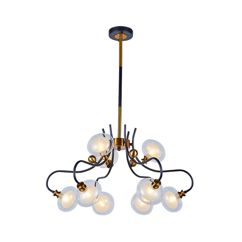 Post Modern Ball Pendant Chandelier Clear Glass 5/9 Heads Living Room 1/2-Tier Pendulum Light with Swooping Arm in Black and Gold Clearhalo 'Ceiling Lights' 'Chandeliers' 'Glass shade' 'Glass' 'Modern Chandeliers' 'Modern' Lighting' 1398971