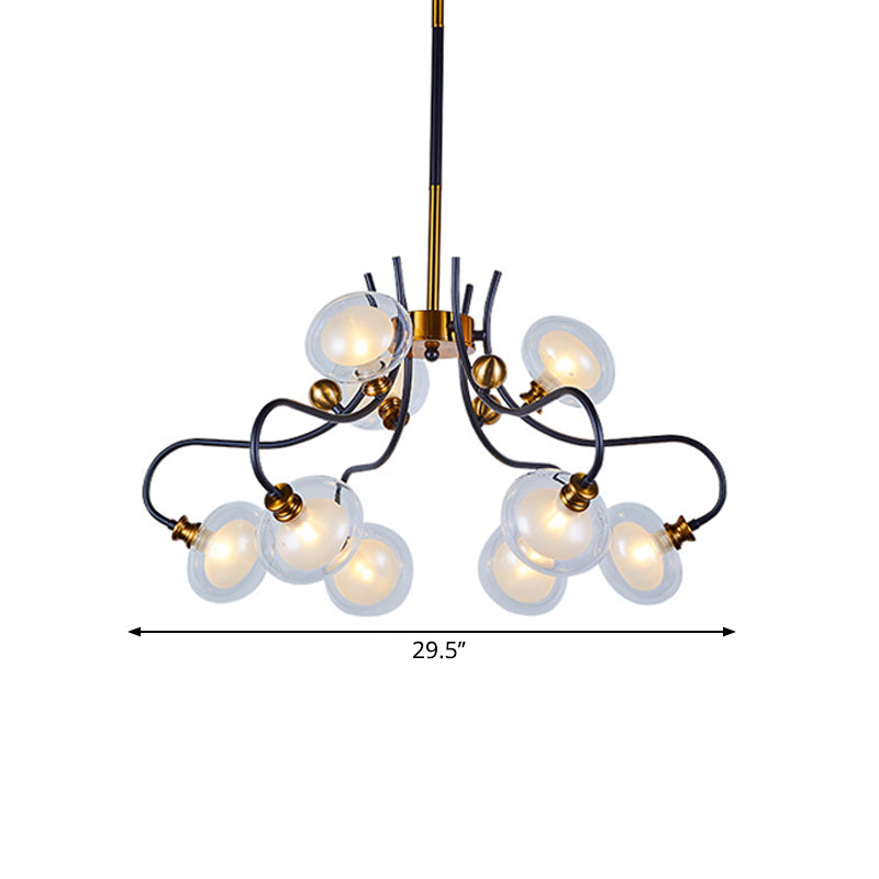 Post Modern Ball Pendant Chandelier Clear Glass 5/9 Heads Living Room 1/2-Tier Pendulum Light with Swooping Arm in Black and Gold Clearhalo 'Ceiling Lights' 'Chandeliers' 'Glass shade' 'Glass' 'Modern Chandeliers' 'Modern' Lighting' 1398972