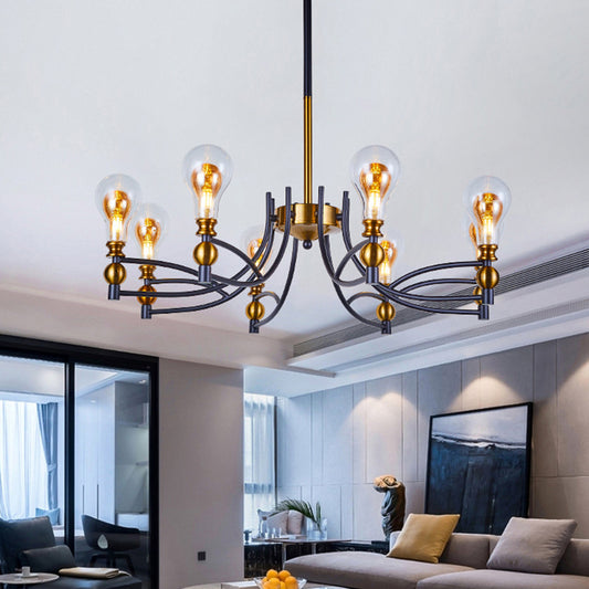 Clear Glass Bulb Shape Down Lighting Contemporary 6/8 Lights Black and Gold Hanging Chandelier with Curved Arm Clearhalo 'Ceiling Lights' 'Chandeliers' 'Glass shade' 'Glass' 'Modern Chandeliers' 'Modern' Lighting' 1398978