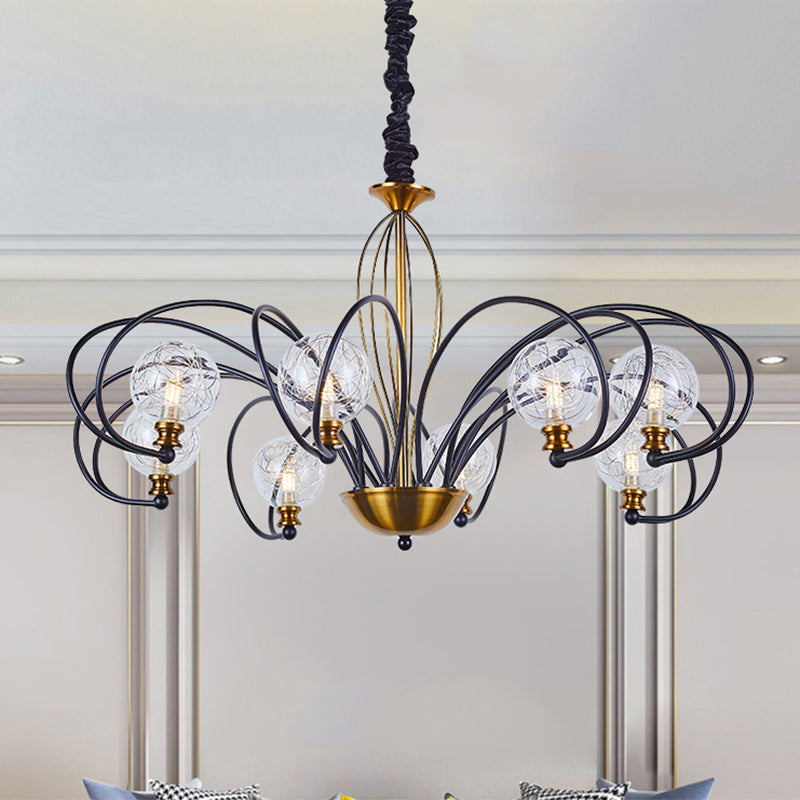 Black-Gold Modo Ceiling Chandelier Simplicity 5/8 Bulbs Clear Glass Arched Arm Pendant Light Fixture Clearhalo 'Ceiling Lights' 'Chandeliers' 'Modern Chandeliers' 'Modern' Lighting' 1399004