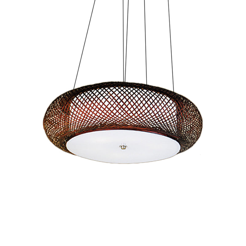 Brown/Wood Hand-Worked Hanging Light with Drum Shade Asian 1 Light Bamboo Suspension Lamp for Dining Room Clearhalo 'Ceiling Lights' 'Pendant Lights' 'Pendants' Lighting' 139905