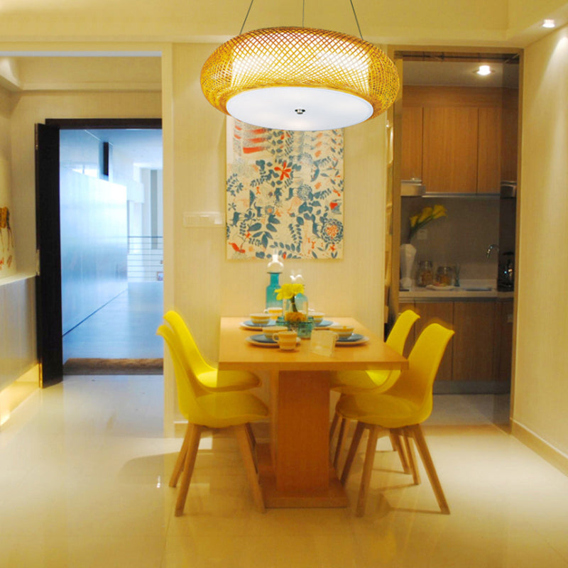 Brown/Wood Hand-Worked Hanging Light with Drum Shade Asian 1 Light Bamboo Suspension Lamp for Dining Room Wood Clearhalo 'Ceiling Lights' 'Pendant Lights' 'Pendants' Lighting' 139906_f35d5548-4a1a-4d5e-af79-729b89b4d0fe