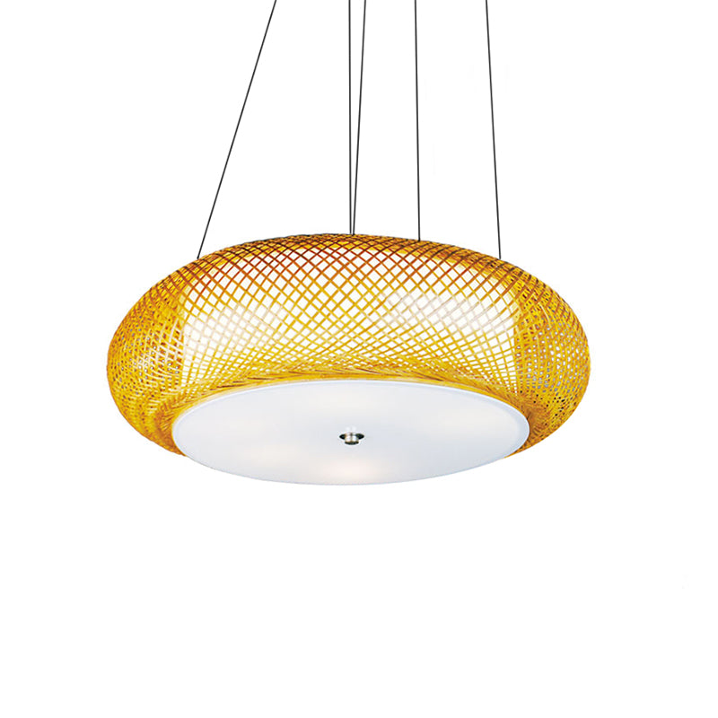 Brown/Wood Hand-Worked Hanging Light with Drum Shade Asian 1 Light Bamboo Suspension Lamp for Dining Room Clearhalo 'Ceiling Lights' 'Pendant Lights' 'Pendants' Lighting' 139908