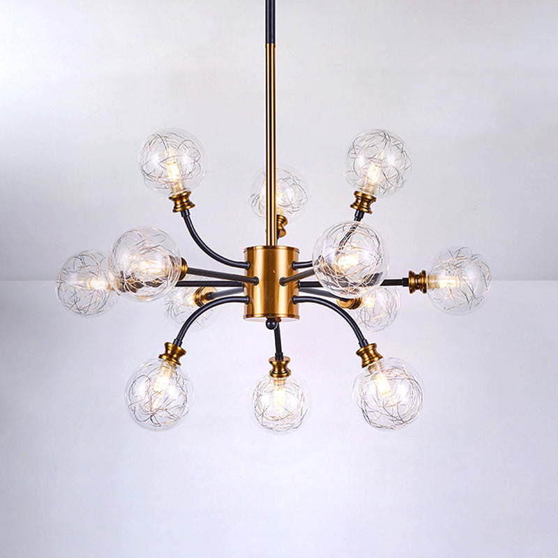 Bubble Suspended Lighting Post Modern Clear Glass 12/16-Light Black and Gold Ceiling Chandelier with Curvy Arm Clearhalo 'Ceiling Lights' 'Chandeliers' 'Glass shade' 'Glass' 'Island Lights' 'Modern Chandeliers' 'Modern' Lighting' 1399097