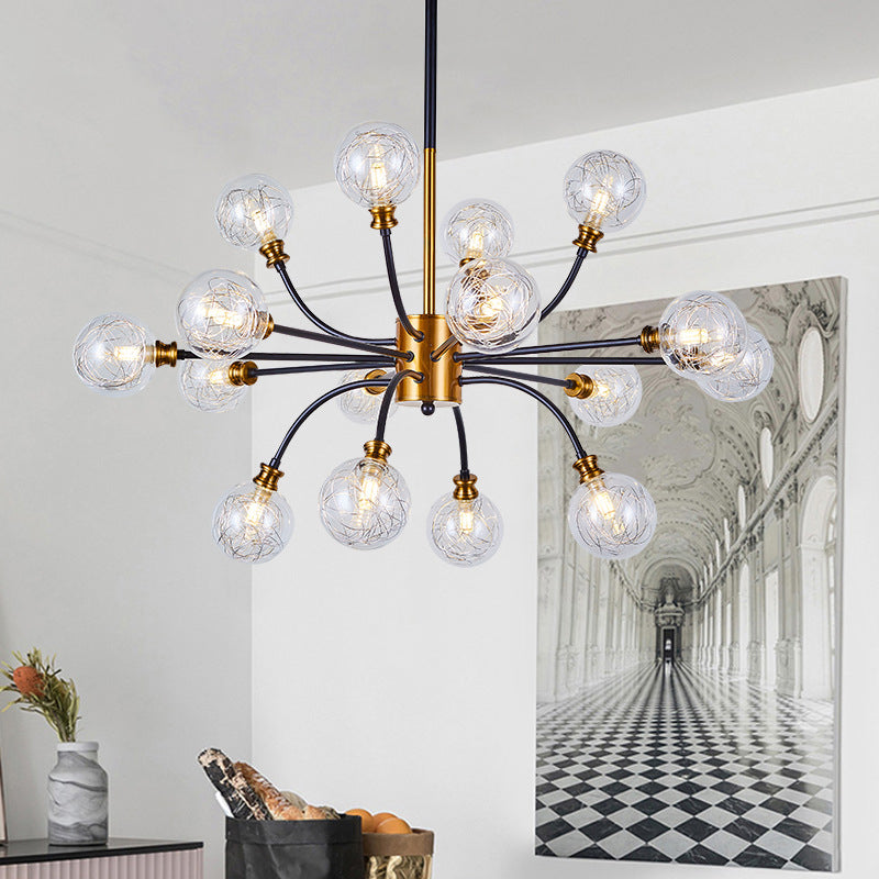 Bubble Suspended Lighting Post Modern Clear Glass 12/16-Light Black and Gold Ceiling Chandelier with Curvy Arm 16 Black-Gold Clearhalo 'Ceiling Lights' 'Chandeliers' 'Glass shade' 'Glass' 'Island Lights' 'Modern Chandeliers' 'Modern' Lighting' 1399100