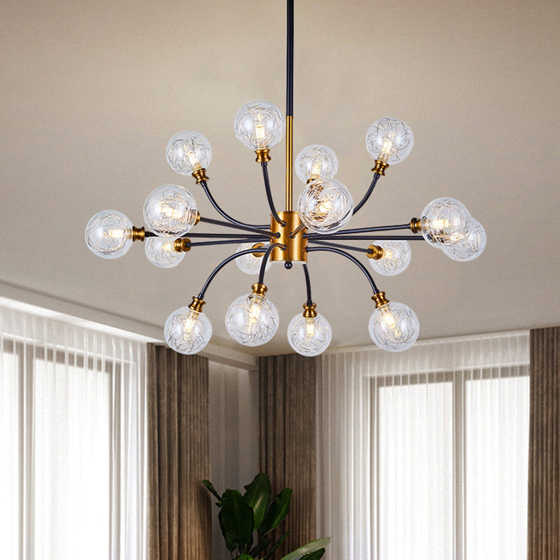 Bubble Suspended Lighting Post Modern Clear Glass 12/16-Light Black and Gold Ceiling Chandelier with Curvy Arm Clearhalo 'Ceiling Lights' 'Chandeliers' 'Glass shade' 'Glass' 'Island Lights' 'Modern Chandeliers' 'Modern' Lighting' 1399101
