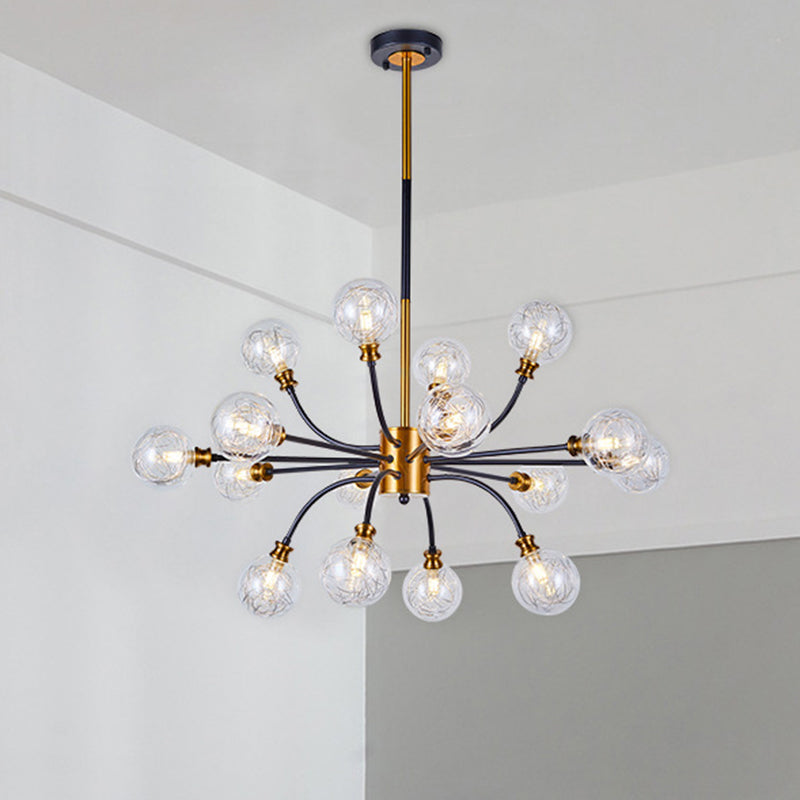 Bubble Suspended Lighting Post Modern Clear Glass 12/16-Light Black and Gold Ceiling Chandelier with Curvy Arm Clearhalo 'Ceiling Lights' 'Chandeliers' 'Glass shade' 'Glass' 'Island Lights' 'Modern Chandeliers' 'Modern' Lighting' 1399102