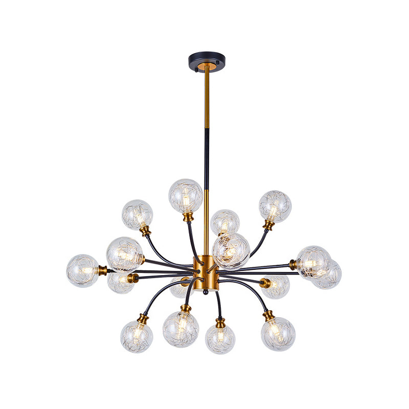 Bubble Suspended Lighting Post Modern Clear Glass 12/16-Light Black and Gold Ceiling Chandelier with Curvy Arm Clearhalo 'Ceiling Lights' 'Chandeliers' 'Glass shade' 'Glass' 'Island Lights' 'Modern Chandeliers' 'Modern' Lighting' 1399103