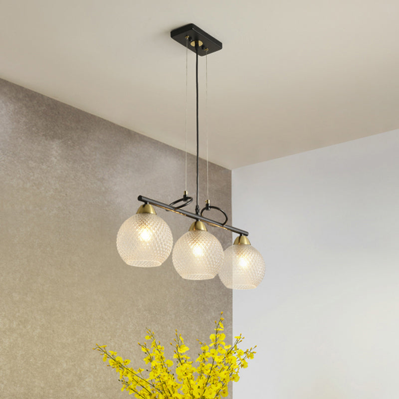 Contemporary Global Hanging Chandelier Clear/Prismatic Glass 3/4 Bulbs Dining Hall Pendant Light Kit in Black 3 Clear Prismatic Glass Clearhalo 'Ceiling Lights' 'Chandeliers' 'Glass shade' 'Glass' 'Island Lights' Lighting' 1399162