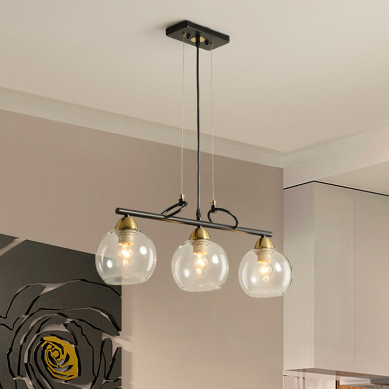 Contemporary Global Hanging Chandelier Clear/Prismatic Glass 3/4 Bulbs Dining Hall Pendant Light Kit in Black 3 Clear Clear Glass Clearhalo 'Ceiling Lights' 'Chandeliers' 'Glass shade' 'Glass' 'Island Lights' Lighting' 1399171