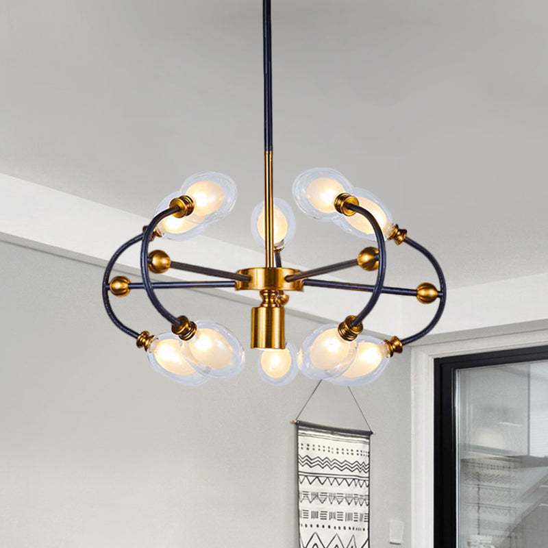 Clear Glass Oval Down Lighting Minimalism 10/12/16-Head Black-Gold Pendant Chandelier with Curvy Arm Clearhalo 'Ceiling Lights' 'Chandeliers' 'Close To Ceiling Lights' 'Glass shade' 'Glass' 'Modern Chandeliers' 'Modern' Lighting' 1399195