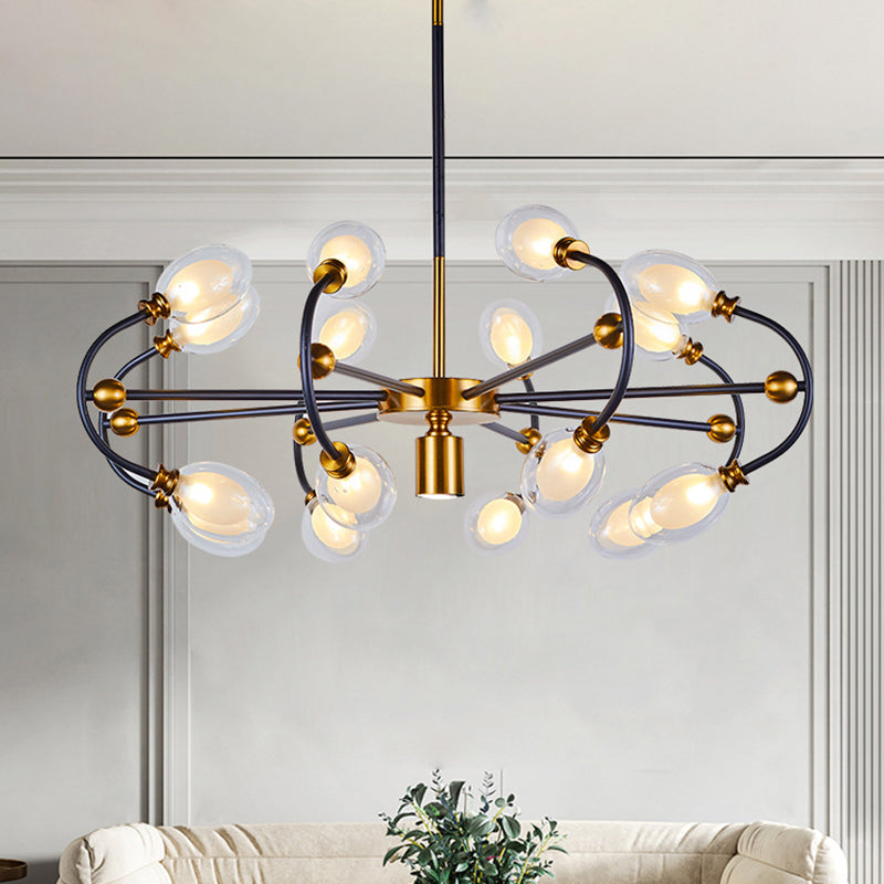 Clear Glass Oval Down Lighting Minimalism 10/12/16-Head Black-Gold Pendant Chandelier with Curvy Arm 16 Black-Gold Clearhalo 'Ceiling Lights' 'Chandeliers' 'Close To Ceiling Lights' 'Glass shade' 'Glass' 'Modern Chandeliers' 'Modern' Lighting' 1399199