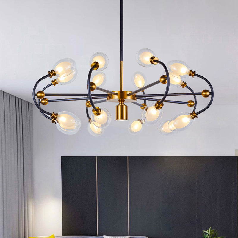 Clear Glass Oval Down Lighting Minimalism 10/12/16-Head Black-Gold Pendant Chandelier with Curvy Arm Clearhalo 'Ceiling Lights' 'Chandeliers' 'Close To Ceiling Lights' 'Glass shade' 'Glass' 'Modern Chandeliers' 'Modern' Lighting' 1399200