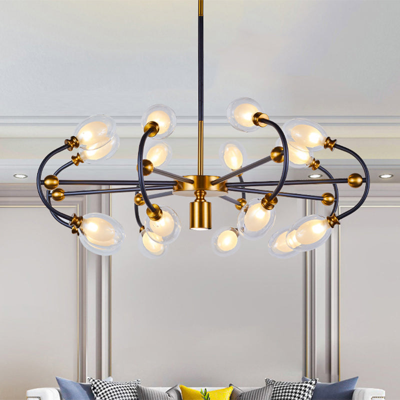 Clear Glass Oval Down Lighting Minimalism 10/12/16-Head Black-Gold Pendant Chandelier with Curvy Arm Clearhalo 'Ceiling Lights' 'Chandeliers' 'Close To Ceiling Lights' 'Glass shade' 'Glass' 'Modern Chandeliers' 'Modern' Lighting' 1399201