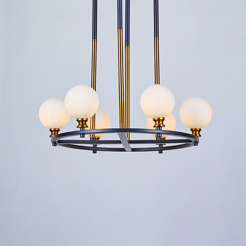 Black-Gold Globe Ceiling Chandelier Nordic Style 6/8 Lights Frosted Glass Drop Pendant with Ring Design Clearhalo 'Ceiling Lights' 'Chandeliers' 'Glass shade' 'Glass' 'Modern Chandeliers' 'Modern' Lighting' 1399209