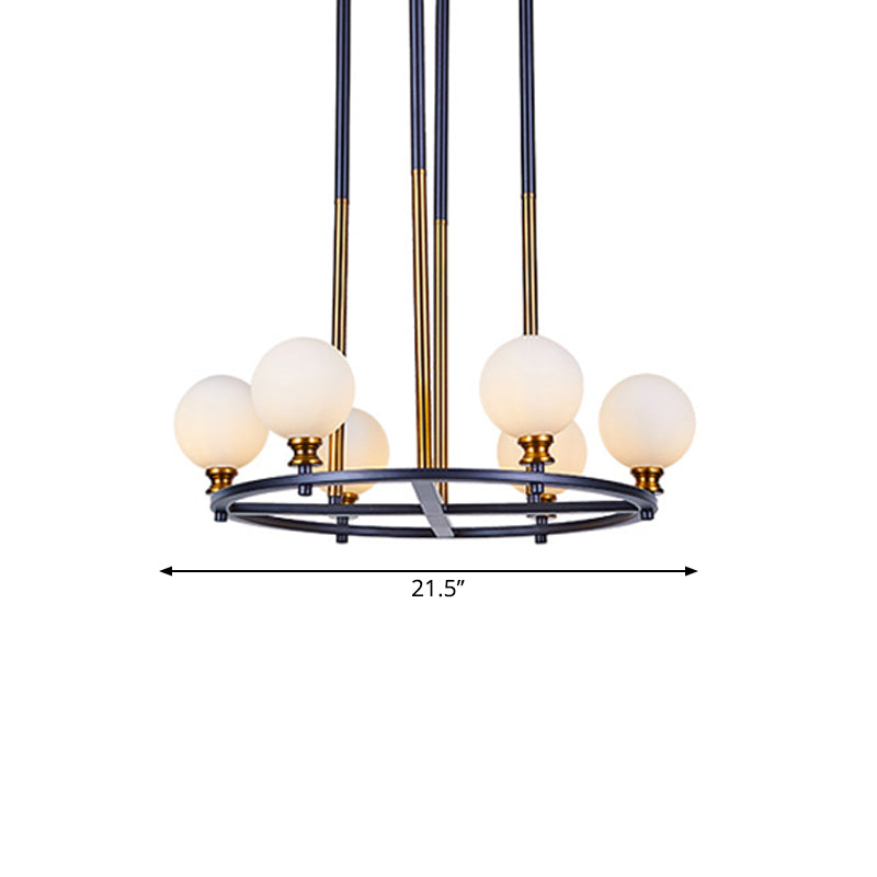 Black-Gold Globe Ceiling Chandelier Nordic Style 6/8 Lights Frosted Glass Drop Pendant with Ring Design Clearhalo 'Ceiling Lights' 'Chandeliers' 'Glass shade' 'Glass' 'Modern Chandeliers' 'Modern' Lighting' 1399210