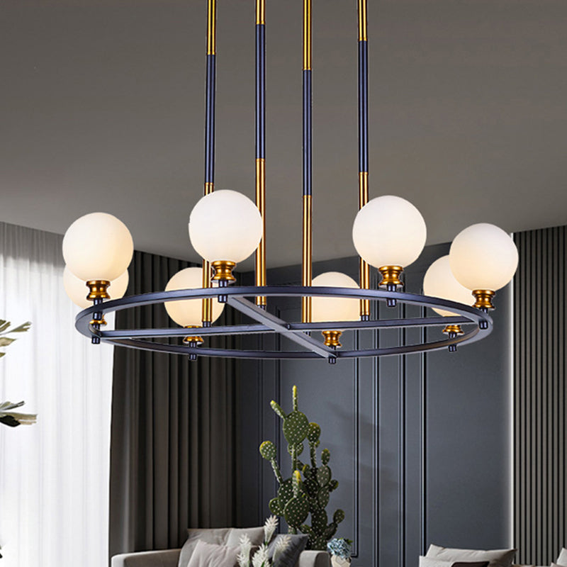 Black-Gold Globe Ceiling Chandelier Nordic Style 6/8 Lights Frosted Glass Drop Pendant with Ring Design 8 Black-Gold Clearhalo 'Ceiling Lights' 'Chandeliers' 'Glass shade' 'Glass' 'Modern Chandeliers' 'Modern' Lighting' 1399211