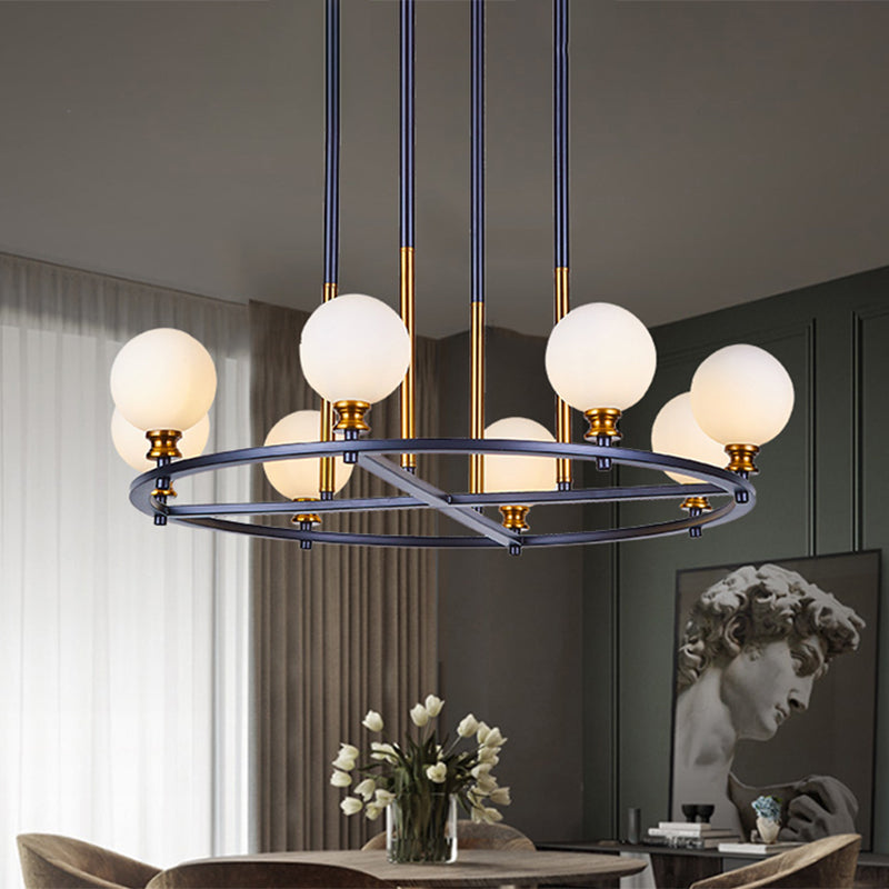 Black-Gold Globe Ceiling Chandelier Nordic Style 6/8 Lights Frosted Glass Drop Pendant with Ring Design Clearhalo 'Ceiling Lights' 'Chandeliers' 'Glass shade' 'Glass' 'Modern Chandeliers' 'Modern' Lighting' 1399212
