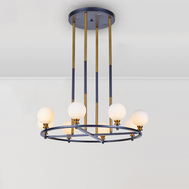Black-Gold Globe Ceiling Chandelier Nordic Style 6/8 Lights Frosted Glass Drop Pendant with Ring Design Clearhalo 'Ceiling Lights' 'Chandeliers' 'Glass shade' 'Glass' 'Modern Chandeliers' 'Modern' Lighting' 1399213