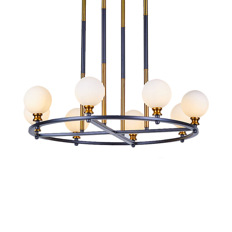Black-Gold Globe Ceiling Chandelier Nordic Style 6/8 Lights Frosted Glass Drop Pendant with Ring Design Clearhalo 'Ceiling Lights' 'Chandeliers' 'Glass shade' 'Glass' 'Modern Chandeliers' 'Modern' Lighting' 1399214