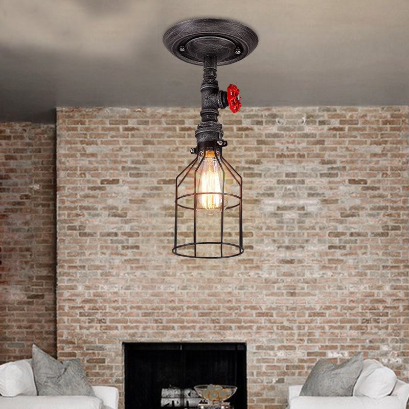 Warehouse Wire Cage Semi Flush Mount Light with Valve Wheel 1 Bulb Wrought Iron Ceiling Lighting in Aged Silver Aged Silver Clearhalo 'Ceiling Lights' 'Close To Ceiling Lights' 'Close to ceiling' 'Semi-flushmount' Lighting' 139922