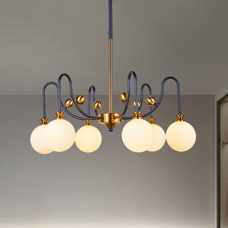 Spherical Down Lighting Modernist Opal Glass 6/9 Bulbs Black-Gold Curvy Arm Pendant Chandelier for Living Room Clearhalo 'Ceiling Lights' 'Chandeliers' 'Glass shade' 'Glass' 'Island Lights' 'Modern Chandeliers' 'Modern' Lighting' 1399223