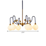 Spherical Down Lighting Modernist Opal Glass 6/9 Bulbs Black-Gold Curvy Arm Pendant Chandelier for Living Room Clearhalo 'Ceiling Lights' 'Chandeliers' 'Glass shade' 'Glass' 'Island Lights' 'Modern Chandeliers' 'Modern' Lighting' 1399225