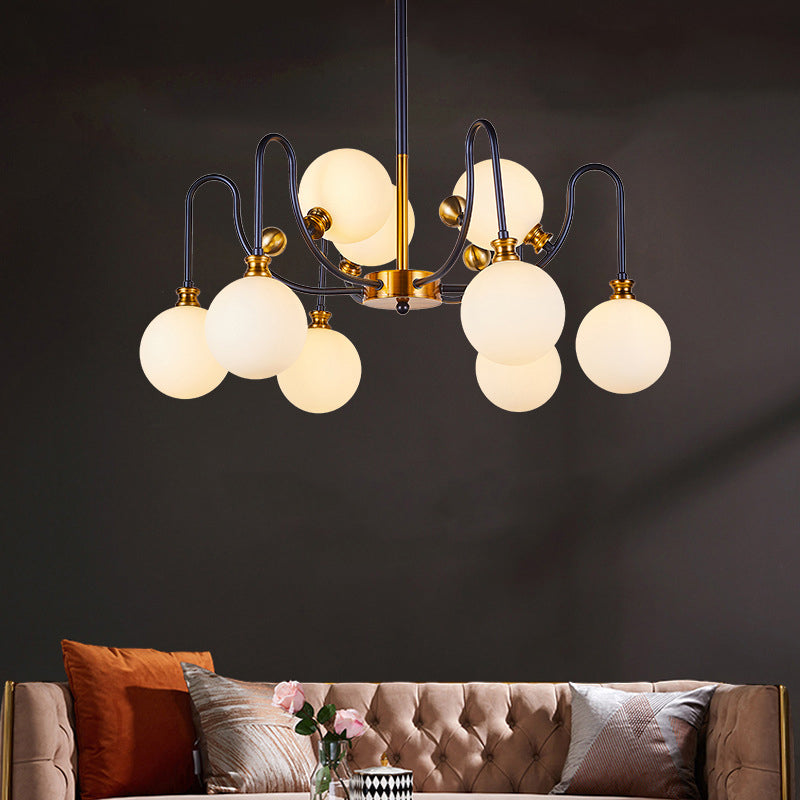 Spherical Down Lighting Modernist Opal Glass 6/9 Bulbs Black-Gold Curvy Arm Pendant Chandelier for Living Room Clearhalo 'Ceiling Lights' 'Chandeliers' 'Glass shade' 'Glass' 'Island Lights' 'Modern Chandeliers' 'Modern' Lighting' 1399227