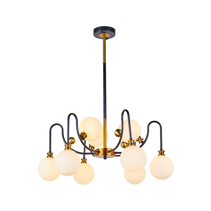 Spherical Down Lighting Modernist Opal Glass 6/9 Bulbs Black-Gold Curvy Arm Pendant Chandelier for Living Room Clearhalo 'Ceiling Lights' 'Chandeliers' 'Glass shade' 'Glass' 'Island Lights' 'Modern Chandeliers' 'Modern' Lighting' 1399229