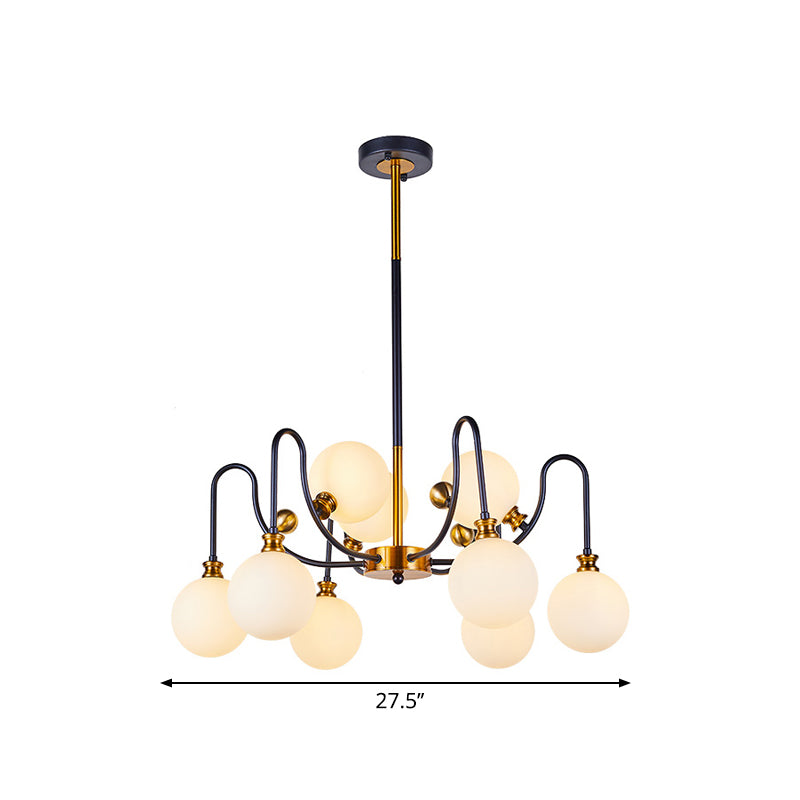 Spherical Down Lighting Modernist Opal Glass 6/9 Bulbs Black-Gold Curvy Arm Pendant Chandelier for Living Room Clearhalo 'Ceiling Lights' 'Chandeliers' 'Glass shade' 'Glass' 'Island Lights' 'Modern Chandeliers' 'Modern' Lighting' 1399230