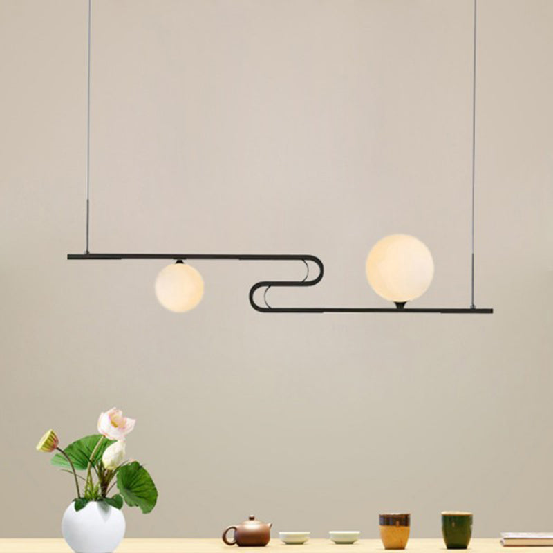 Simplicity Modo Hanging Chandelier Milky Glass 1/2-Head Dining Hall Island Lamp with Folding Line Design in Black 2 Black Clearhalo 'Ceiling Lights' 'Chandeliers' 'Glass shade' 'Glass' 'Island Lights' 'Pendant Lights' Lighting' 1399237