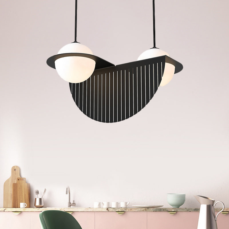 White Glass Global Ceiling Lamp Nordic Style 2 Bulbs Black Suspension Lighting Fixture with Semicircle Decor Black Clearhalo 'Ceiling Lights' 'Chandeliers' 'Glass shade' 'Glass' 'Modern Pendants' 'Modern' 'Pendant Lights' 'Pendants' Lighting' 1399245